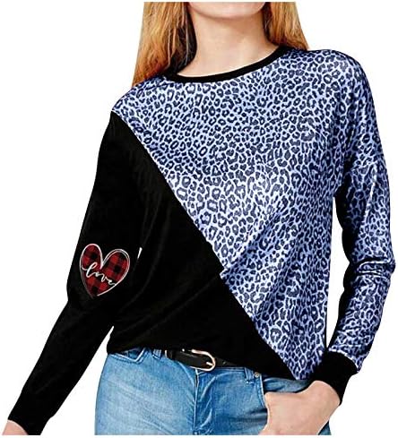 Водење кошули жени сакаат леопард печатење тркалезен врат зашивање со долги ракави маички со блуза со краток ракав активен