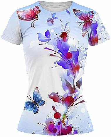Летна маица за жени Симпатична пеперутка цветна печатење врвови трендовски лабави вклопени тунични маички кратки ракави обична блуза