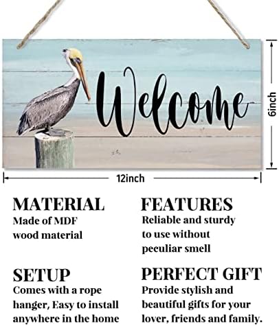 Добредојдовте знак за декор, знак за виси од дрво дома декоративен, печатен знак за уметност од дрво, знак за добредојде на пеликан,