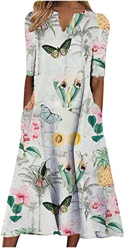 Фустани за жени цветни печатени маици фустан V вратот летни обични фустани со краток ракав со џебови лабава фустан на плажа
