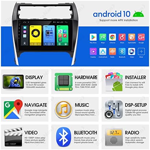 Sizxnanv За Camry Android 10 Екран На Допир Компатибилен Со Carplay Android Auto, Автомобил Радио Стерео Bluetooth Навигација Медиа Плеер GPS