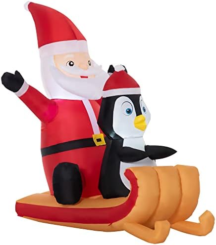 OutsUnny 5ft надувување Божиќ Дедо Мраз и Пингвин на санки, двојно прикажување на дворот на отворено за забава за градинарски тревници