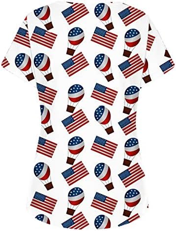 4 јули Маица За Жени Американско Знаме Летни Маици Со Кратки Ракави Со В-Врат со 2 Џебови Блузи Празнична Секојдневна Работна Облека