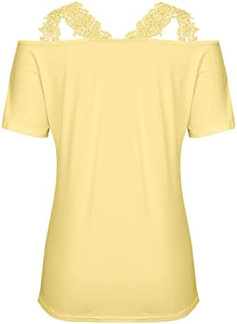 Модни женски летни кошули со вратот Обичен цврст блуза вингајт чипка крпеница маички Ками блуза со краток ракав блуза Топ