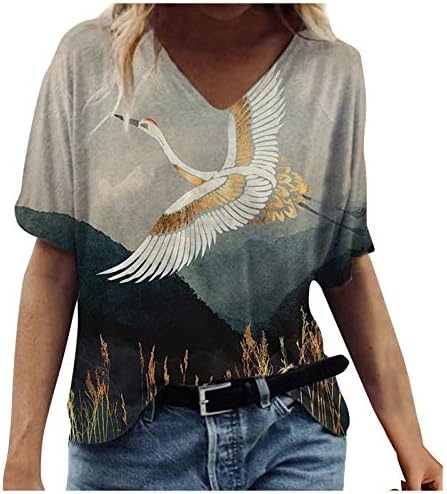 Женски преголеми маици против летни врвови на вратот Западни маички кратки ракави Симпатични маички 2023 врвови на туники удобни блузи
