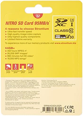 Стронциум Нитро 64GB SD SDXC Флеш Мемориска Картичка 95MB/s UHS-I U3 V30 Класа 10 Голема Брзина ЗА Dslr Камери Без Огледала