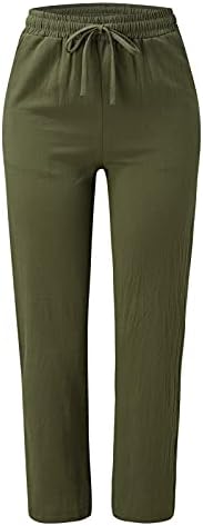 Wocachi жени памучни постелнини панталони Еластични високи половини широки нозе палацо салон за влечење на половината обични панталони со