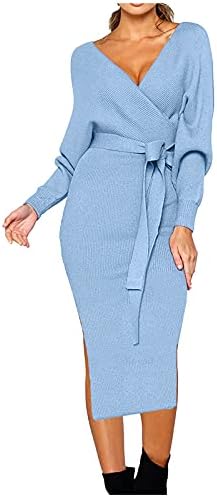 Women'sенски Јасмин Риб миди џемпер резервоар фустан женски фустан длабок в-врат со долг ракав половината вратоврска руфла