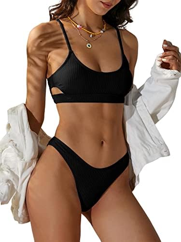 Zafulенски Cutout Bikini Scoop Repp Repbed High Cut Bikini поставува два парчиња костим за капење