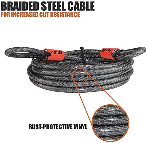 Безбедносен кабел за безбедност BV 15FT со јамки, плетенка челичен флексиран кабел, кабел за заклучување 3/8 инчи, за U-заклучување и катанец