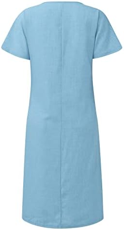 Fragarn женски летен обичен обичен цврста боја со кратки ракави со кратки ракави О-вратот за зашивање лабава џебна памучна постелнина фустан