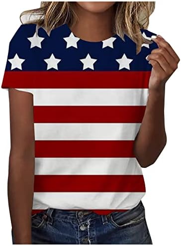 Врво на американско знаме за жени 4 -ти јули САД Ден на независност Патриотски мета во боја на вратот, маица со краток ракав за вратот