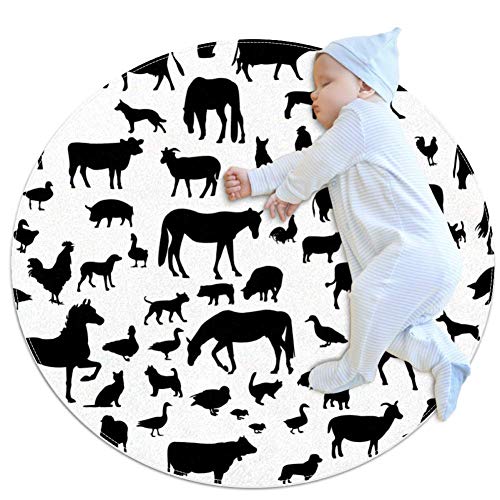 Тркалезна мат црно -бела фарма животни Тркалезен килим за деца мека игра со меки тепи игра игра душек во училница расадник Игро соби за украси 39,4х39,4 инчи