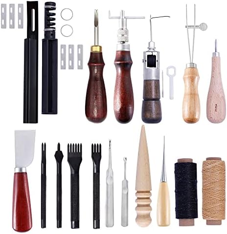 18 парчиња рачно изработени кожни занаетчиски алатки комплет за шиење на рака за шиење за шиење на шевовите за резба работа на седло кожни