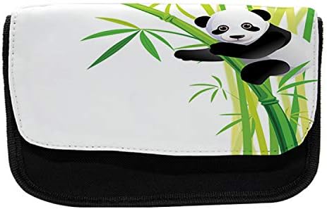 Случајна кутија за молив на панда, млада мечка младенче и бамбус, торба со молив со ткаенини со двоен патент, 8,5 x 5,5, зелена црна бела боја