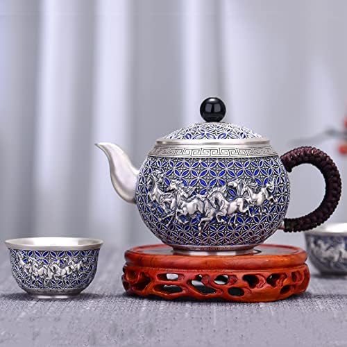 Gohq 999 Стерлинг Сребрен чајник сет, кинески рачно изработени чајни комплети за возрасни, комплет за чаши за чаши и чај од 6 со крем стомна,