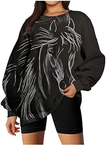 Врвови за коњски пуловер за жени за западен стил преголеми капки рамо со долги ракави кошули случајни печатени џемпери за туника