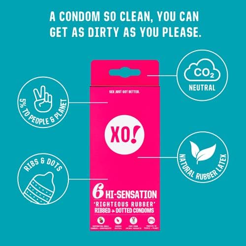 Xo hi-sensation праведен гумен кондом, веган овластен ПЕТА, прилично тргуван природен латекс, ребрести и точки, без суровост, Парабени