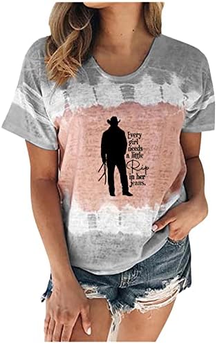Врзана боја маица за жени гроздобер каубојски графички мета смешна буква печати случајна кратка ракав врвови лабава блуза за