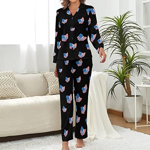 Охајо дома Американско знаме женско пижама постави копче со две парчиња надолу за дневна облека со долги ракави за спиење