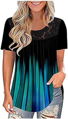 Женски плус големина летни врвови, облечени обични обични кошула на плажа, кратки ракави маици, цветни чипка, плетени тунични