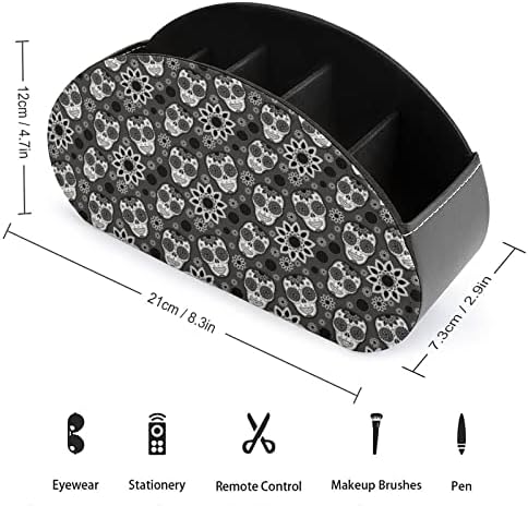 Црно -бел череп за череп за далечински управувач PU кожен кади за складирање кутија со 5 оддели за материјали за домашни канцеларии