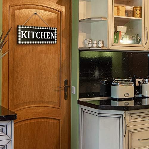 Дрвена кујна знак Бафало кариран wallиден декор 13,8 x 5,1 инчи рустикален wallиден знак црно -бел гроздобер фарма куќа кујна декор за домашна