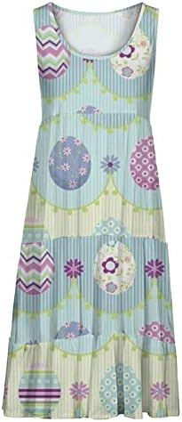 Велигденски фустан за печатење со јајца за жени 2023 лето летен случај во бохо фустан со рафли без ракави со високи фустани на миди плажа