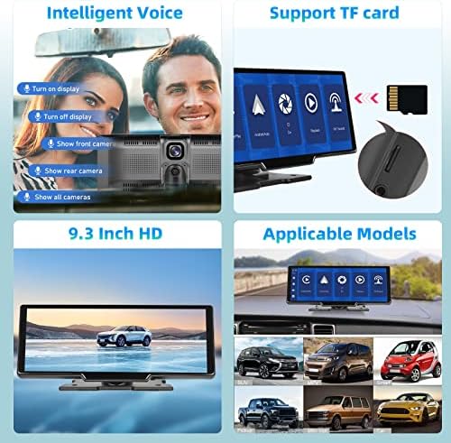 Преносни Безжични Carplay &засилувач; Android Авто Автомобил Стерео со 2.5 K Цртичка Камера-9.3 HD IPS Екран, 1080p Резервна Камера, Јамка
