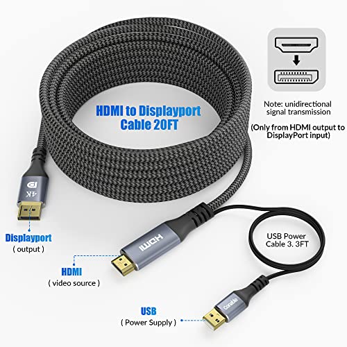 4K HDMI за прикажување на активен кабел 20 стапки, долг најлон плетенка со голема брзина кабел, алуминиумска еднострана HDMI во DP