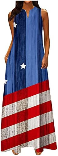 HCJKDU 4 -ти јули фустани за жени Ден на независност на Labe V вратот без ракави макси фустан Американско знаме со џеб со џеб