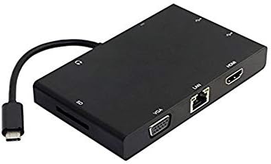 USB-C USB 3.1 Type-C до VGA HDMI USB Hub Gigabit Ethernet SD Audio Femaleенски полнач адаптер за лаптоп, црна