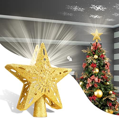 Топер За Новогодишна Елка осветлен Топер За Божиќна Ѕвезда СО ЛЕД Ротирачки Проектор За Снегулки Светла 2-Во-1 Топер Од Златна