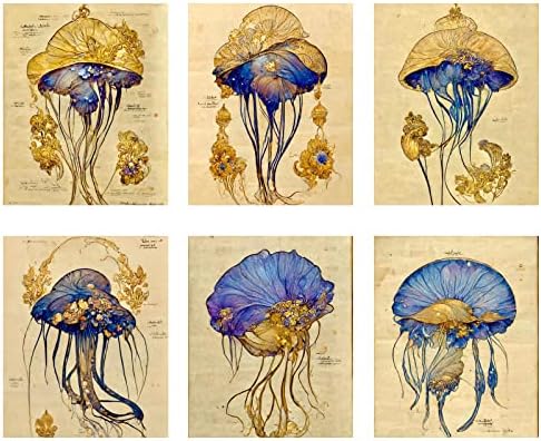 Гроздобер медуза платно постери - гроздобер минерални примероци медуза уметност отпечатоци - животен кристал шарен медуза илустрација уметнички дела Необразно