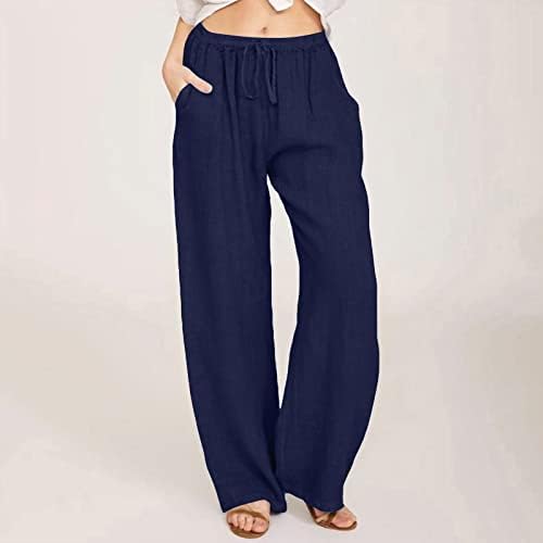Женски памучни постелнини долги панталони со високи панталони со џебови со џебови