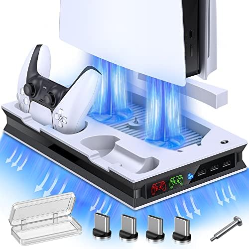 PS5 Stand со 2 вентилатор за ладење, двоен брз PS5 контролер за полнење со 3 дополнителни USB порти, PS5 Station Station PS5 додатоци Вертикален