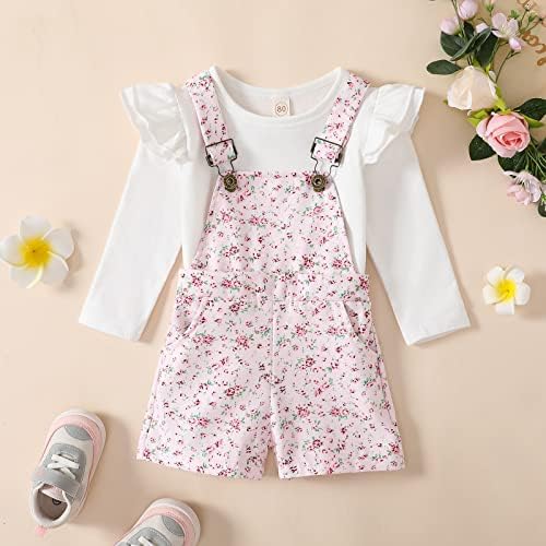 Детето бебе девојче цветни облеки со долги ракави бели кошула врвен цветен џеб целосен каиш спојки паѓаат облека