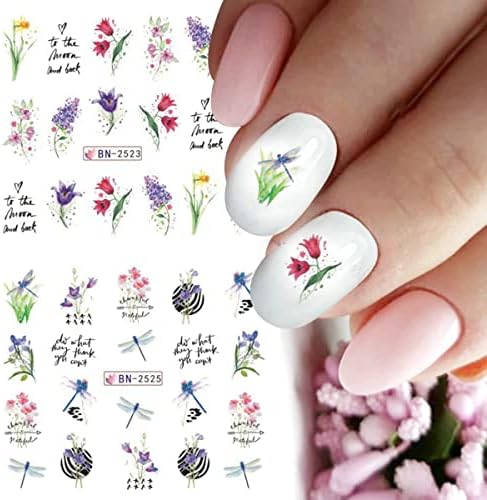Gulelayar цветна нокти налепници за уметност на пролет на налепници за пренесување на вода декорации акварел цвет цвет лисја цветни