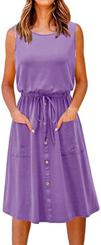 ТИФЗАДИЈАО летен резервоар фустан за жени случајна без ракави вратоврска миди фустан цврсто лабаво копче за здолниште со здолниште фустан