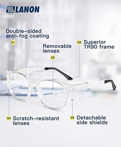 Lanon Grilamid TR90 Anti-Fog Безбедносни очила, ANSI Z87.1, Ultralight помалку од 1 мл, одвојливи странични штитови, висок пренос