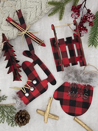 Roxluay Божиќни црвени биволи карирани украси, украси за новогодишни украси Фарма куќа Божиќ виси DIY украси со јаже за украси за забава