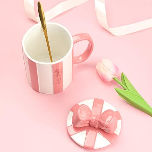 Луспан Роденденски Божиќни Подароци За Жени, 17 Унца Розова Лента Керамичка Шолја За Кафе За Жени Со Капак Од Лак И Лажица Од Роза, Подароци