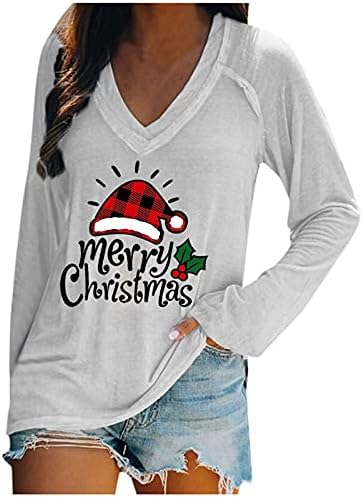 Christmasенски Божиќни врвови со растојава вино чаши Дедо Мраз со долги ракави V-вратот маици смешни Божиќни слатки дуксери