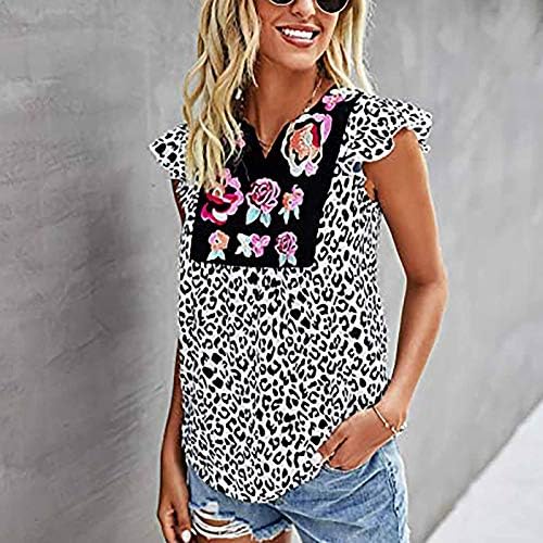 uikmnh женски летен фрунс, обични маички опуштени вклопени вклопени летечки ракави со кратки ракави леопард врвна кошула