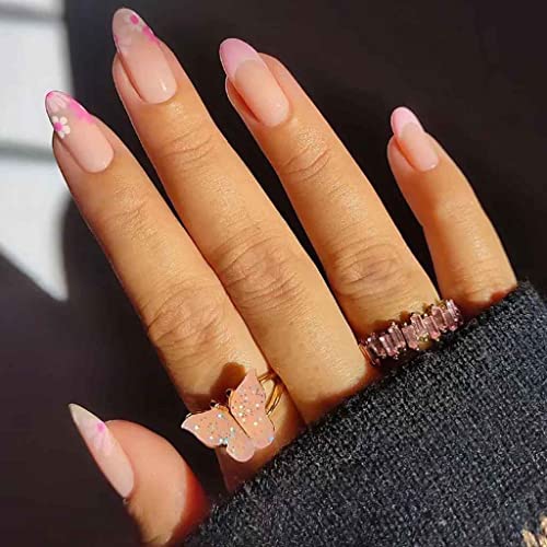 Rikview Француски совет притискајте на ноктите средни нокти за жени бадем акрилни нокти розови нокти со дизајн на цвеќиња