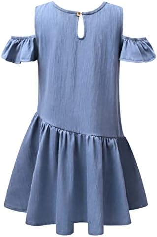 Jxstar Девојка летен фустан памучен постелнина ладен рамо рафле ракав деца обични фустани