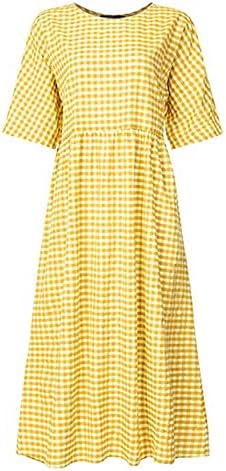 Црковни фустани за жени 2023 година, женски обичен литературен темперамент карирал фустан со полите на вратот со кратки ракави на вратот