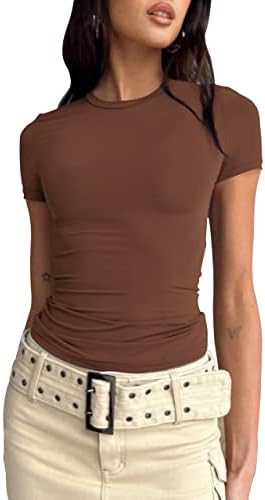 Safrisior жени основни цврсти култури врвни маички со тркалезен врат Краток ракав форма се вклопуваат во тренингот маица јога