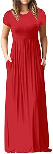 Fwflyaway летен макси фустан за жени 2022 година, краток ракав долг фустан Империја половината на плажа Сонце фустан со маички со џебови со џебови
