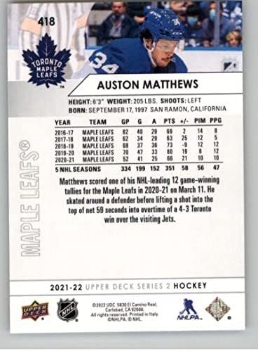 2021-22 Горна палуба 418 Остон Метјус Торонто јавор серија 2 NHL хокеј за трговија со картички